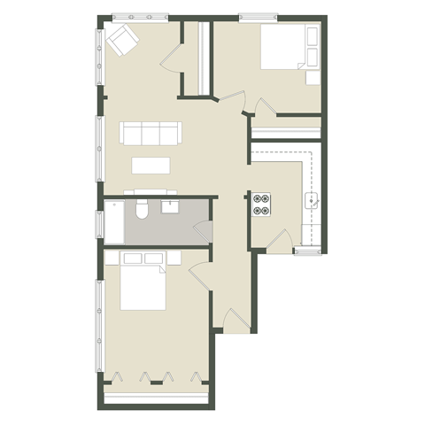 Floor plan for 2 beds, 1 bath, 750 sqft